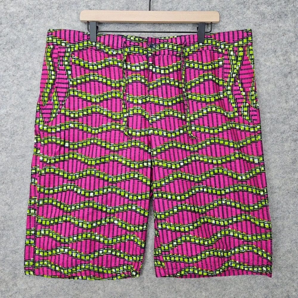 NEW Nallem Shorts Men's XL Pink Green Geometric Ankara Print African Fashion NWT
